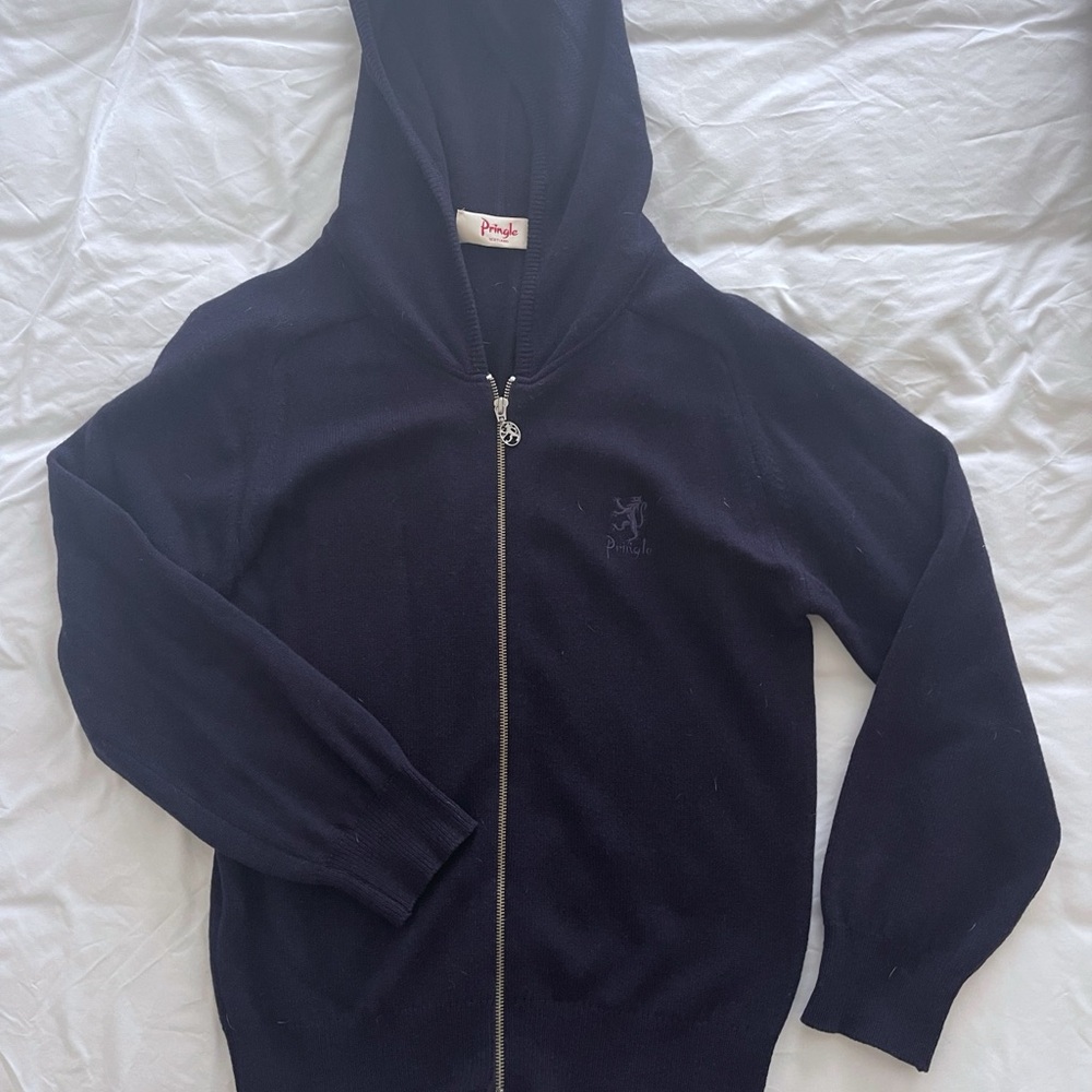Pringle of Scotland Men’s Navy Wool Zip-Up Sweater with Hood